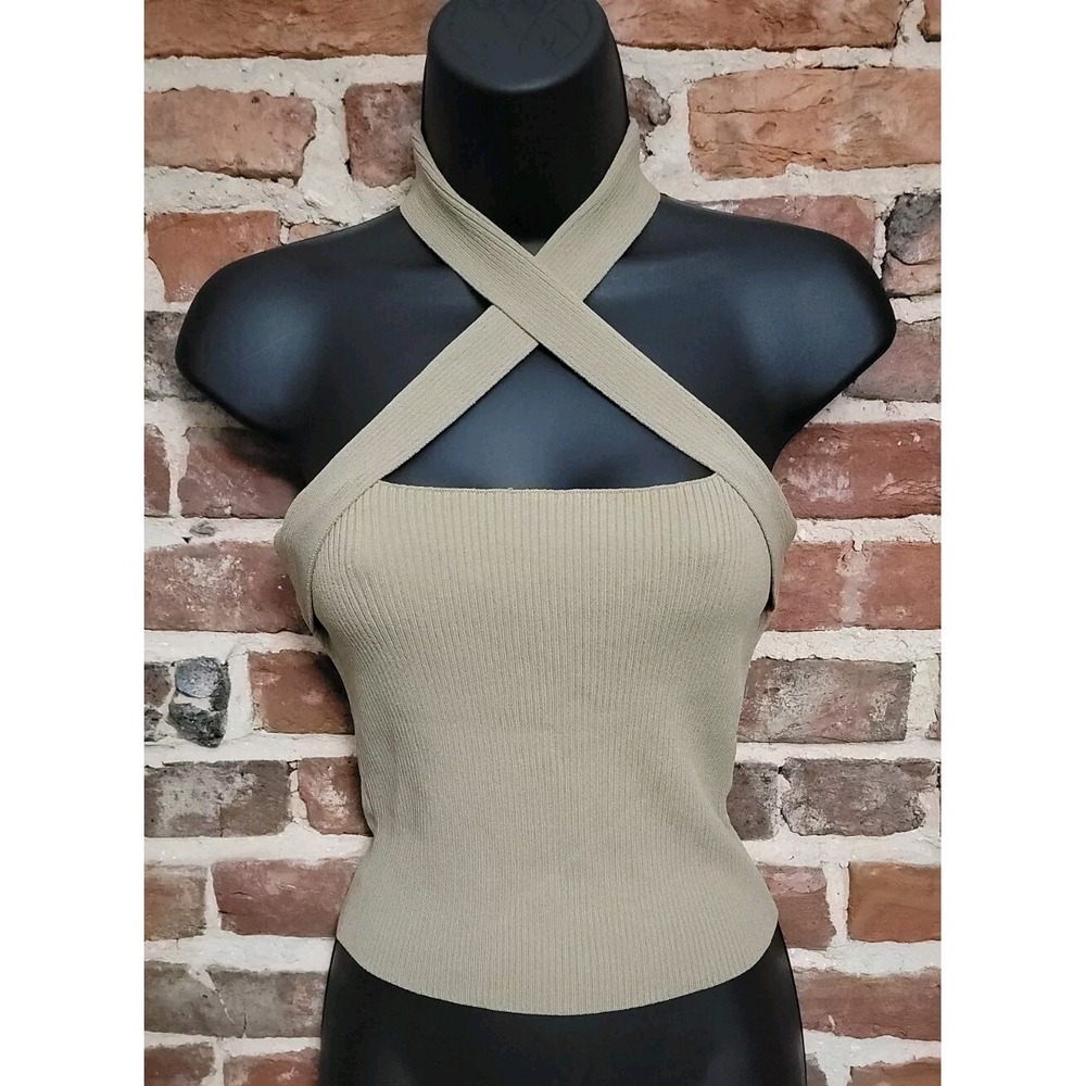 NBD Womens Halter Top Ribbed Knit Small Taupe Beige Criss Cross Revolve